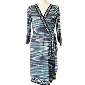 Hale Bob Teal and Navy Long Sleeve wrap Dress size small